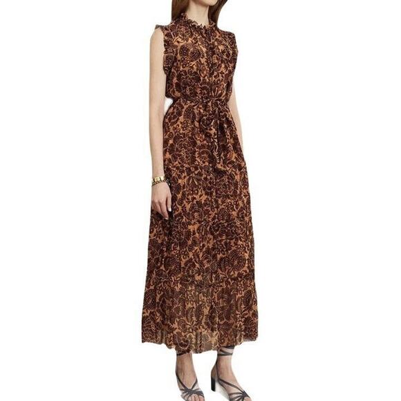 Christy Lynn Ella Silk Midi Dress with Slip Size M Sienna Brown Botanical Fall - Picture 14 of 14